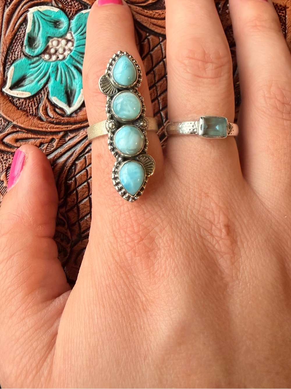 Larimar Turquoise Four Stone 925 Sterling Silver Adjustable Ring - Women Jewelry - Picture 8 of 8